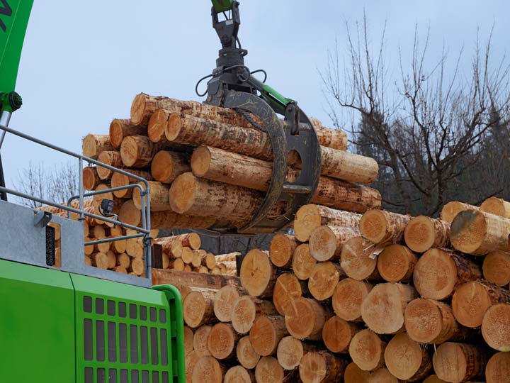 log claw at lumber mill grasping tree logs